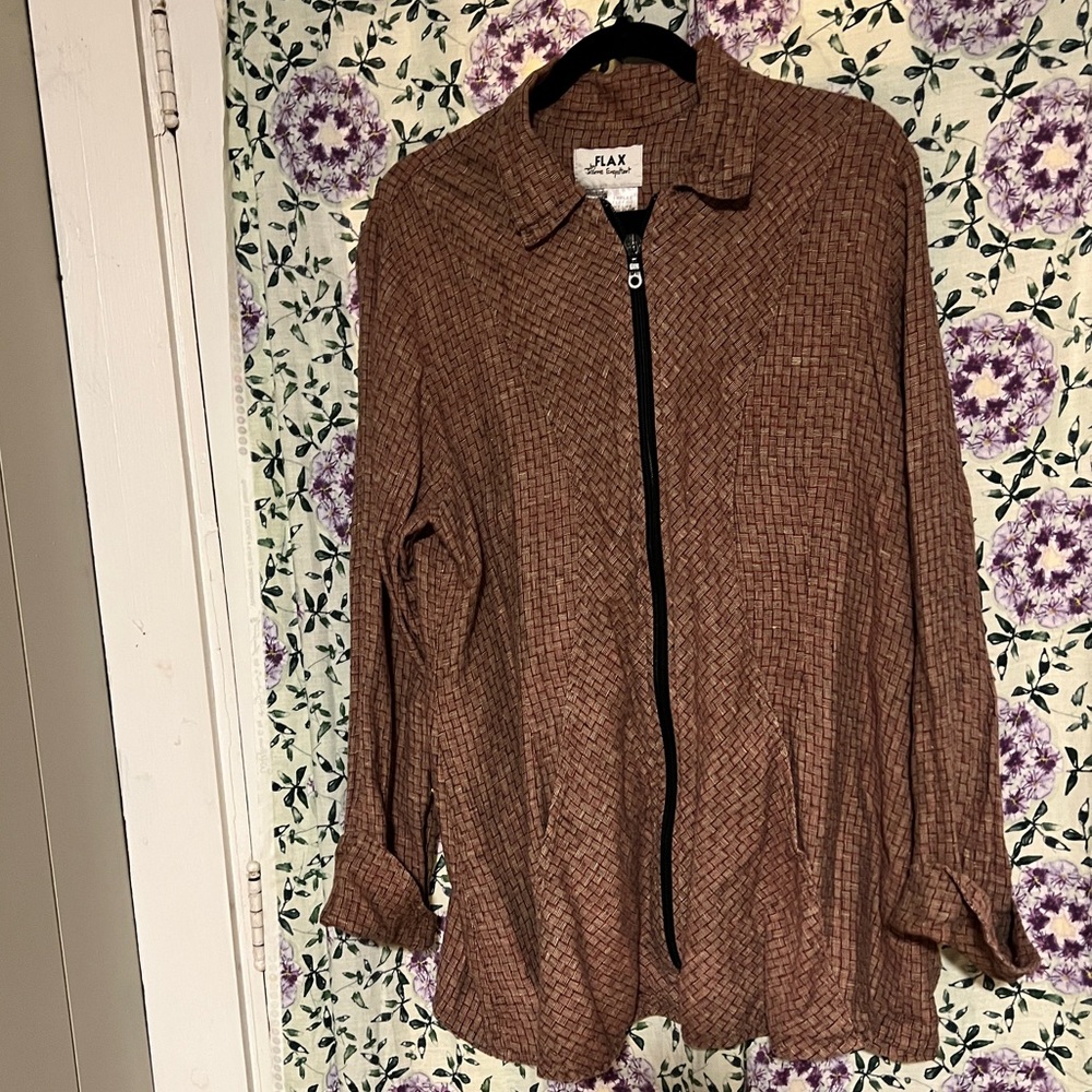 FLAX 100% LINEN L large woven zip up vintage Textured Brown reddish Jacket